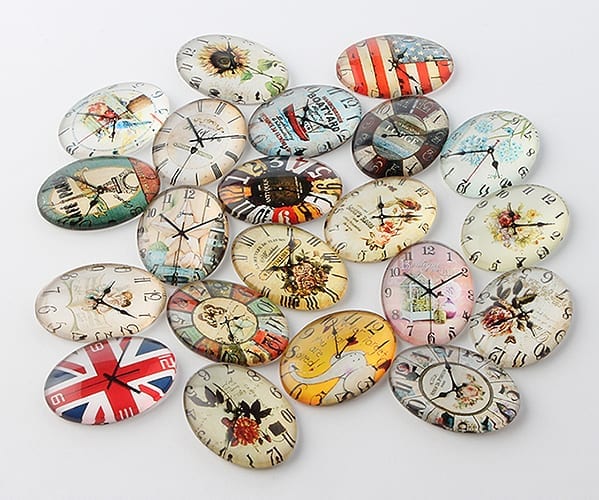 5 Bright New Oval Clock Designed Glass Cabochon Beads - (25mm)