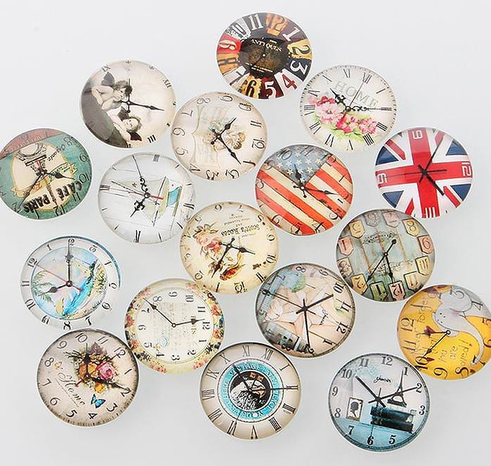 5 Bright New Round Clock Designed Glass Cabochon Beads - (25mm)