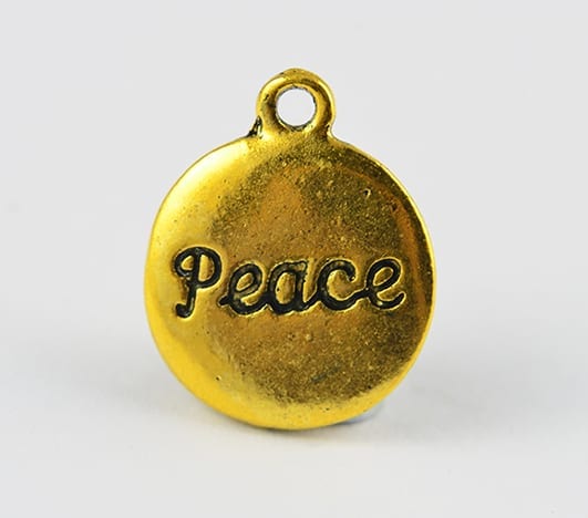 8 Peace Written Coin Shaped Metal Gold Charm Beads - 16mm
