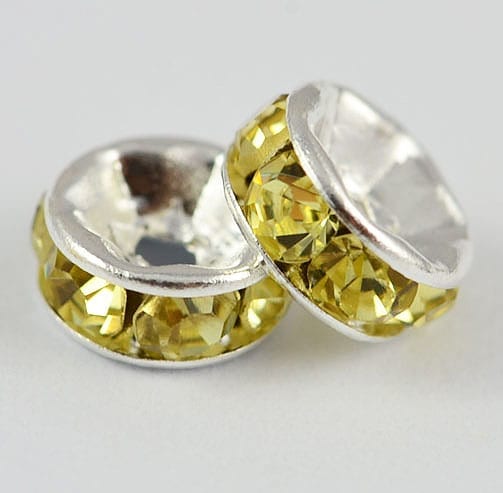 Light Olive Green Rondelle Round Silver Rhinestone Bead - (6mm)