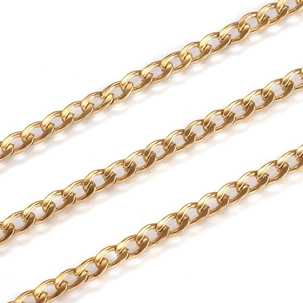 Gold plated stainless steel chain uniform curb link pattern warm satin gold finish three lengths on white background jewellery making Australia