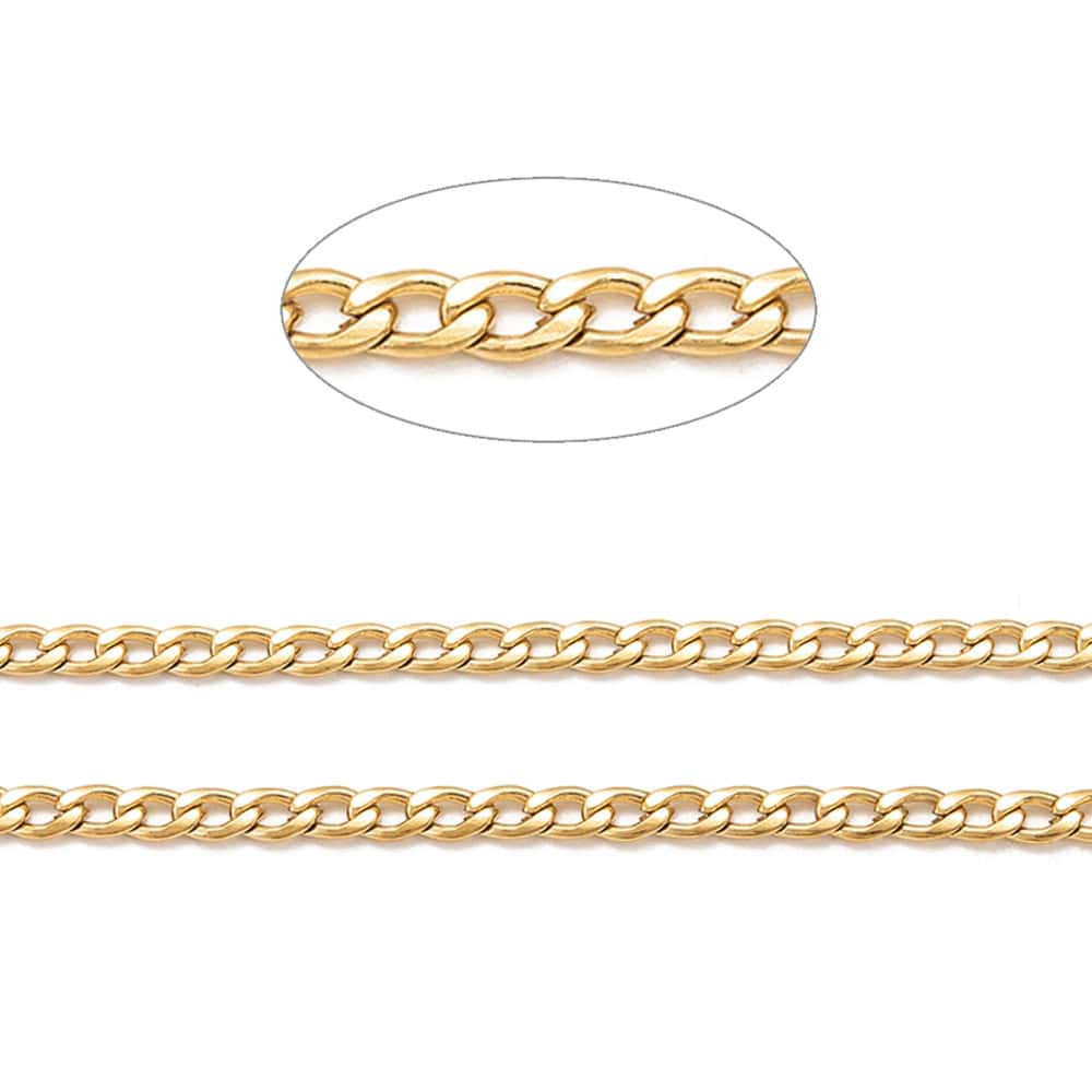 Gold plated stainless steel twisted chain uniform curb link pattern warm satin gold finish three lengths on white background jewellery making Australia