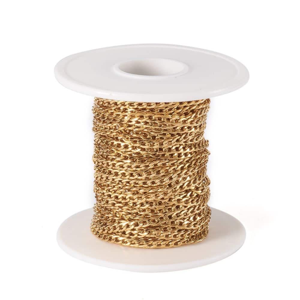 Gold plated stainless steel twisted chain uniform curb link pattern warm satin gold finish three lengths on white background jewellery making Australia