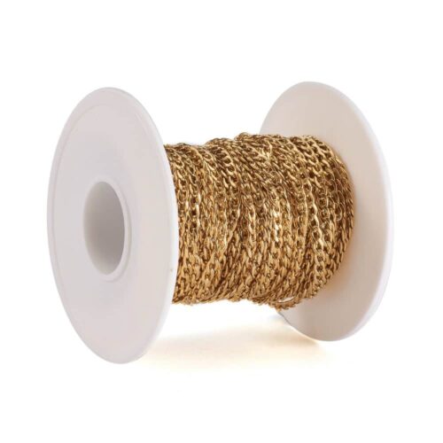 Gold plated stainless steel twisted chain uniform curb link pattern warm satin gold finish three lengths on white background jewellery making Australia