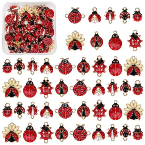 DIY ladybug jewellery finding kit mixed enamel ladybug charms red black gold rhinestone pearl daisy styles jewellery making Australia