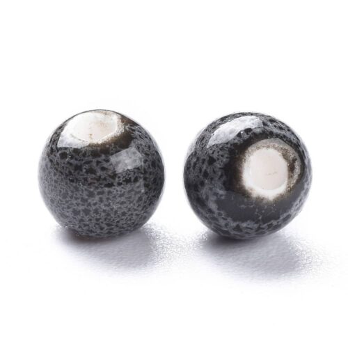 Porcelain round beads 6mm dark speckled black grey volcanic glaze finish white porcelain bead hole shown bulk close-up ruler and coin scale jewellery making Australia