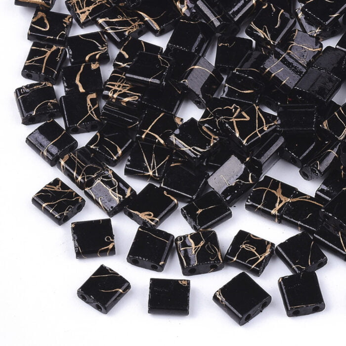 1 Gram - 10 Black Two Hole Picasso Transparent Square Seed Beads - Image 2