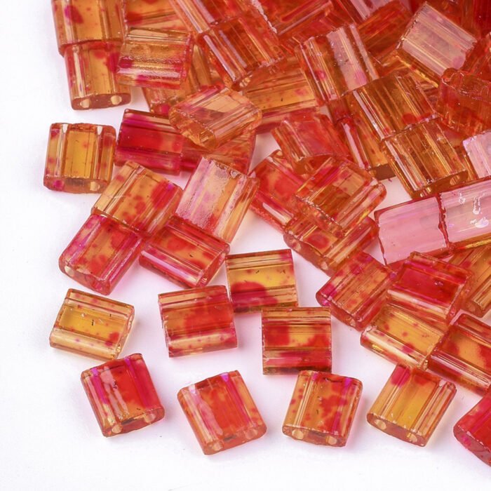 1 Gram - 10 Orange Two Hole Picasso Transparent Square Seed Beads - Image 2
