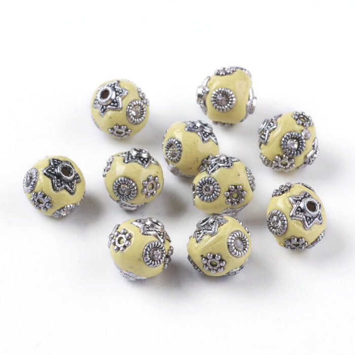 Light Yellow Antique Silver Kashmiri Bead - (11mm) - Image 2