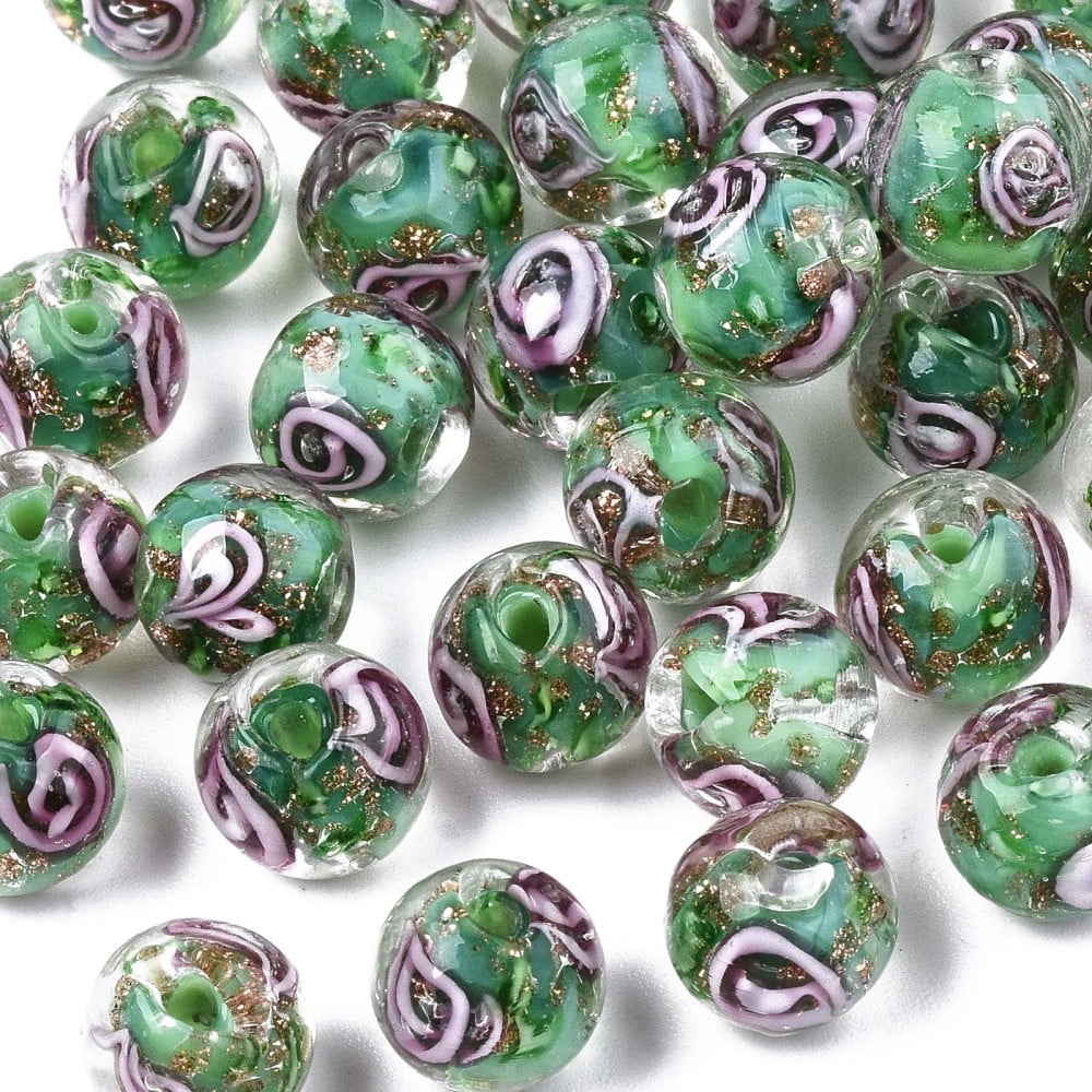 Dark Green Floral Handmade Lampwork Beads