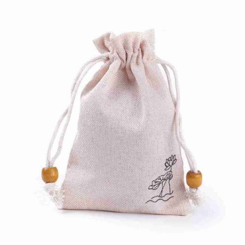 Artistic Burlap Drawstring Gift Bag Pouch with Wooden Beads