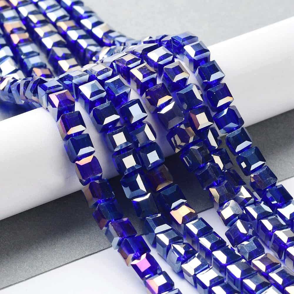 Blue AB Electroplated Faceted Square Glass Beads (6mm)