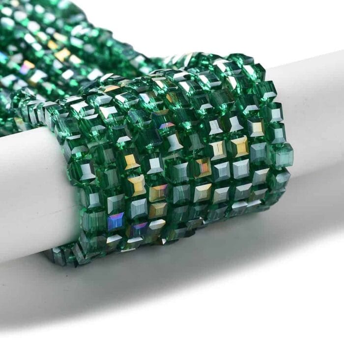 Green Faceted Square Crystal Glass Beads (4 mm)