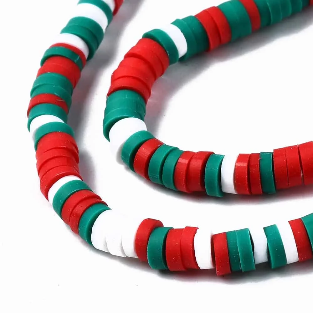 Red white green heishi beads polymer clay flat disc Christmas colour sequence matte finish strands jewellery making Australia