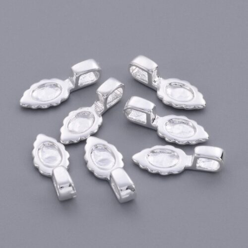 Glue on silver pendant bails decorative scalloped leaf shaped pad recessed oval glue area rectangular loop shown front and reverse on grey background jewellery making Australia