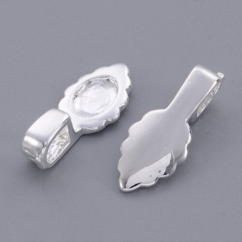Glue on silver pendant bails decorative scalloped leaf shaped pad recessed oval glue area rectangular loop shown front and reverse on grey background jewellery making Australia