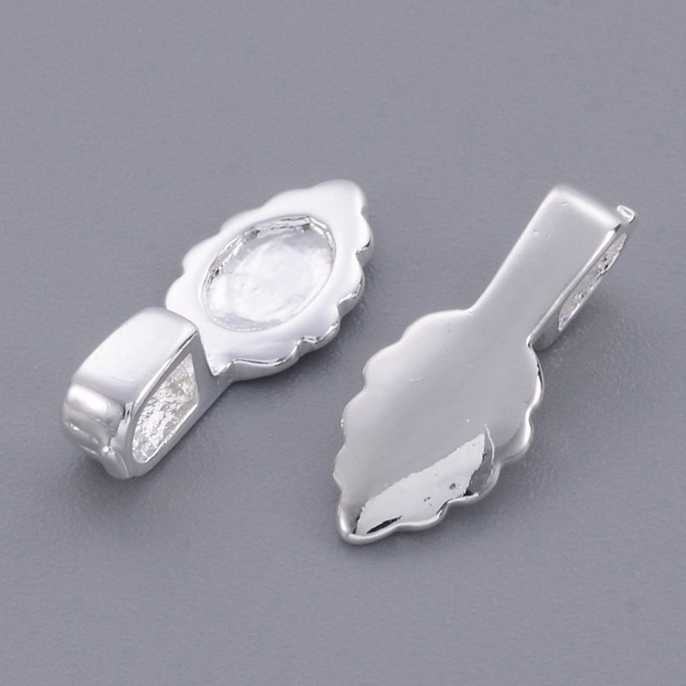 Glue on silver pendant bails decorative scalloped leaf shaped pad recessed oval glue area rectangular loop shown front and reverse on grey background jewellery making Australia