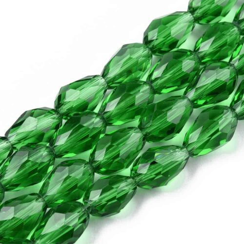 Faceted green teardrop glass beads 11x8mm deeply saturated emerald green precision cut facets prismatic sparkle coiled strand jewellery making Australia