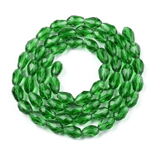 Faceted green teardrop glass beads 11x8mm deeply saturated emerald green precision cut facets prismatic sparkle coiled strand jewellery making Australia
