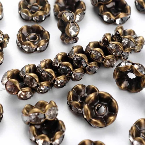 Antique bronze rhinestone rondelles deeply sculpted wavy petal edge large faceted clear crystal rhinestones vintage glamour spacer beads Australia