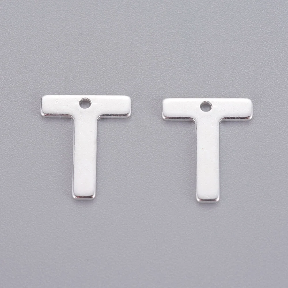Silver initial T charm bead stainless steel polished thoughtful initial alphabet charm crystal jewellery making Australia