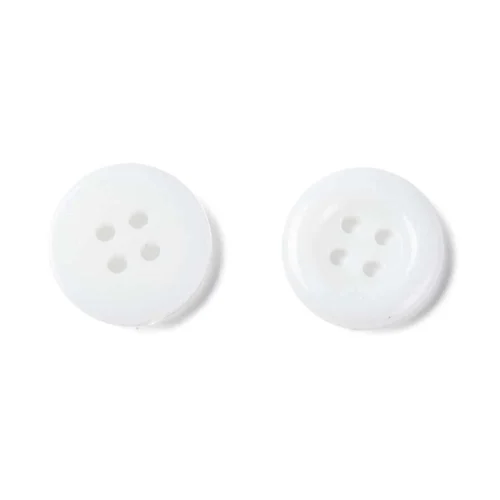 White acrylic 4 hole costume design buttons glossy finish raised rim scattered on grey background craft sewing Australia