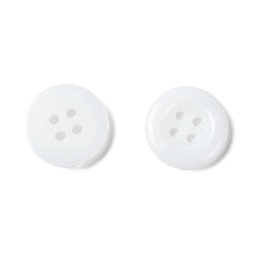 White acrylic 4 hole costume design buttons glossy finish raised rim scattered on grey background craft sewing Australia